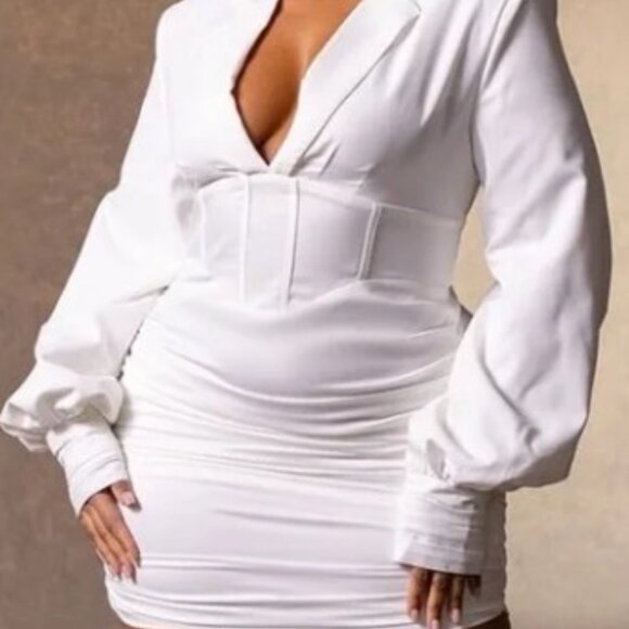 white constructed corset waist blazer dress Jordyn White Lace Corset Blazer Dress, XS